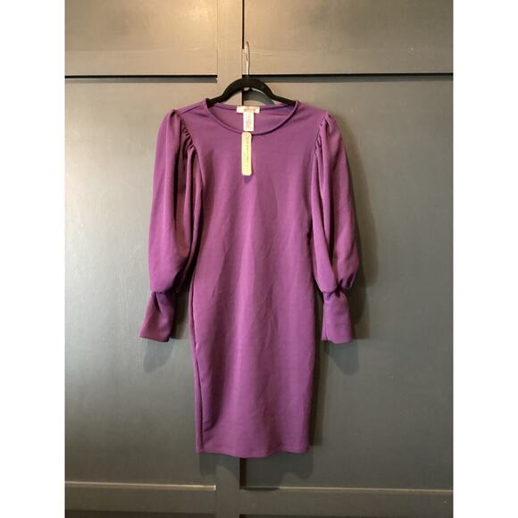 Karen T Design Balloon Long Sleeve Midi mini bodycon fitted Dress Purple S NWT - Picture 10 of 10